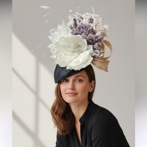 Navy fascinator with large white silk flower, lavender and beige